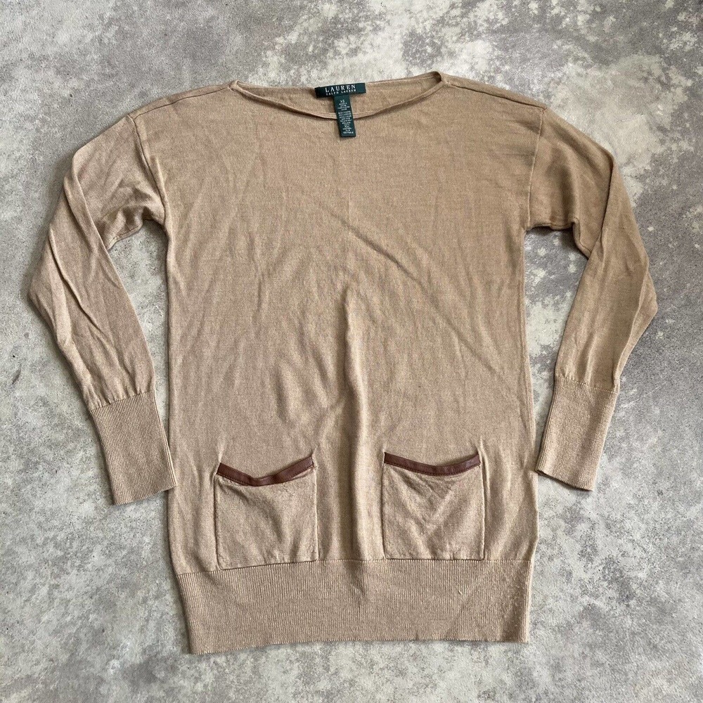 Lauren Ralph Lauren Sweater Womens‎ XS Merino Wool Brown Tan Pullover Pockets